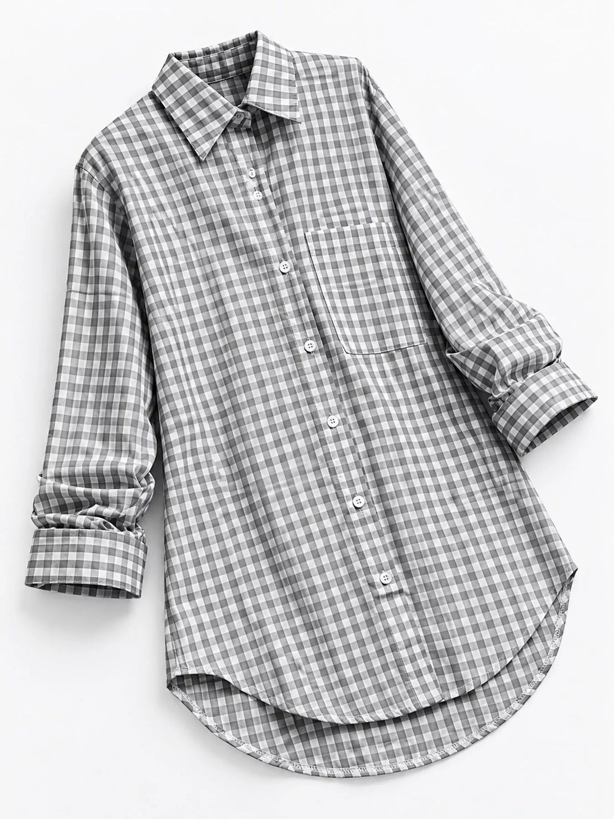 Gray and white plaid button-down shirt