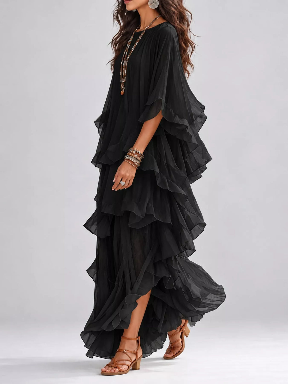Black ruffled layered bohemian maxi dress, side view