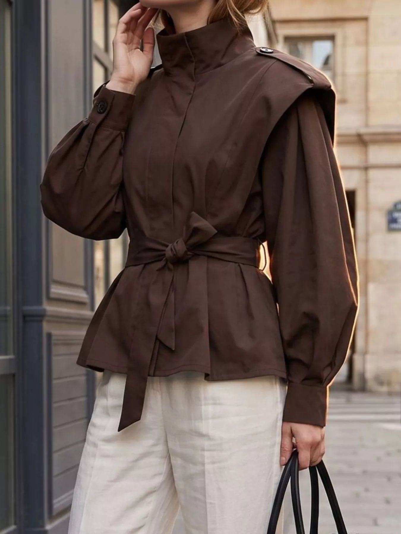 Trendsi Stand-Collar Belted Outerwear -