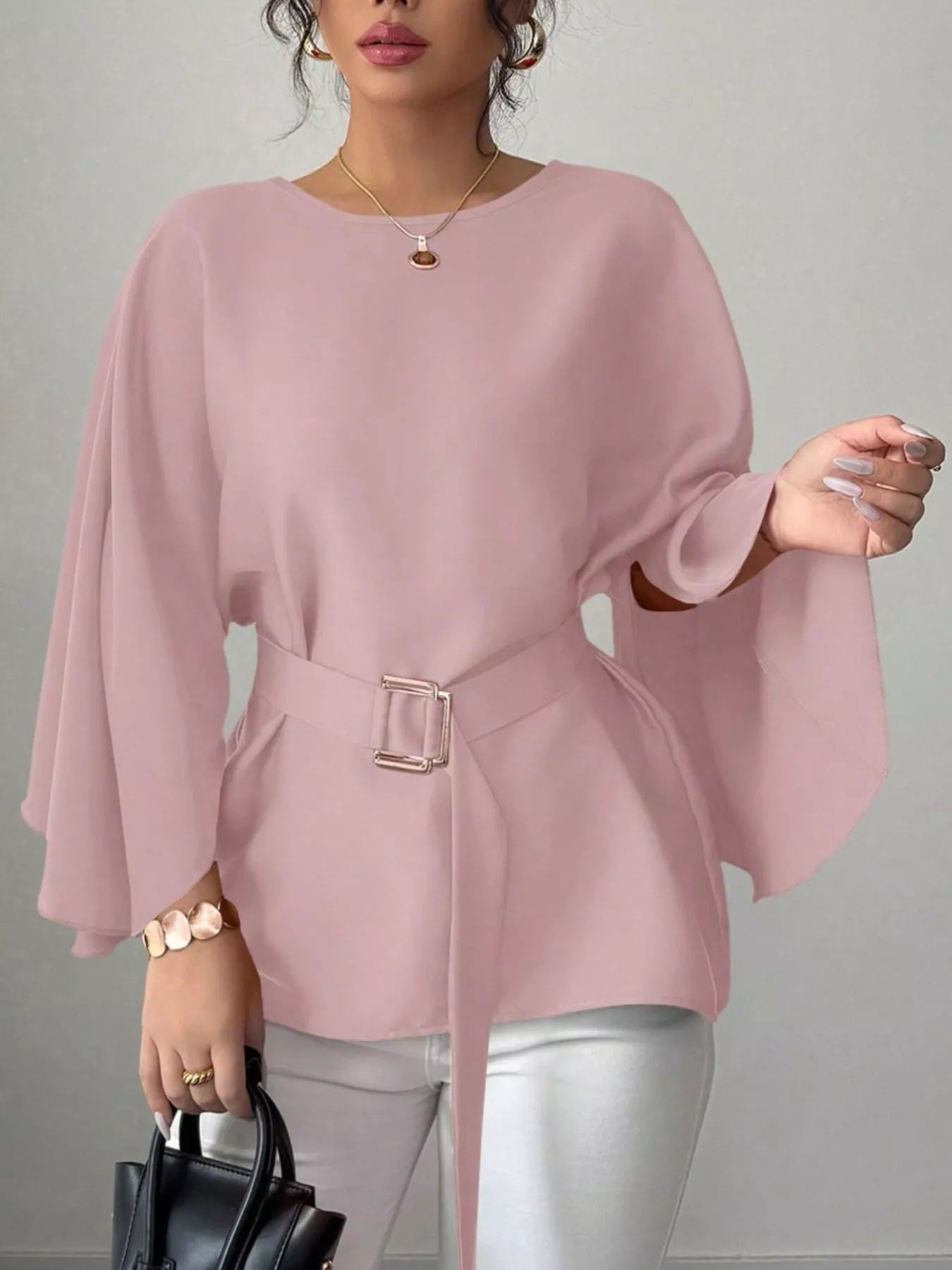 Round-neck belt batwing-sleeve blouse