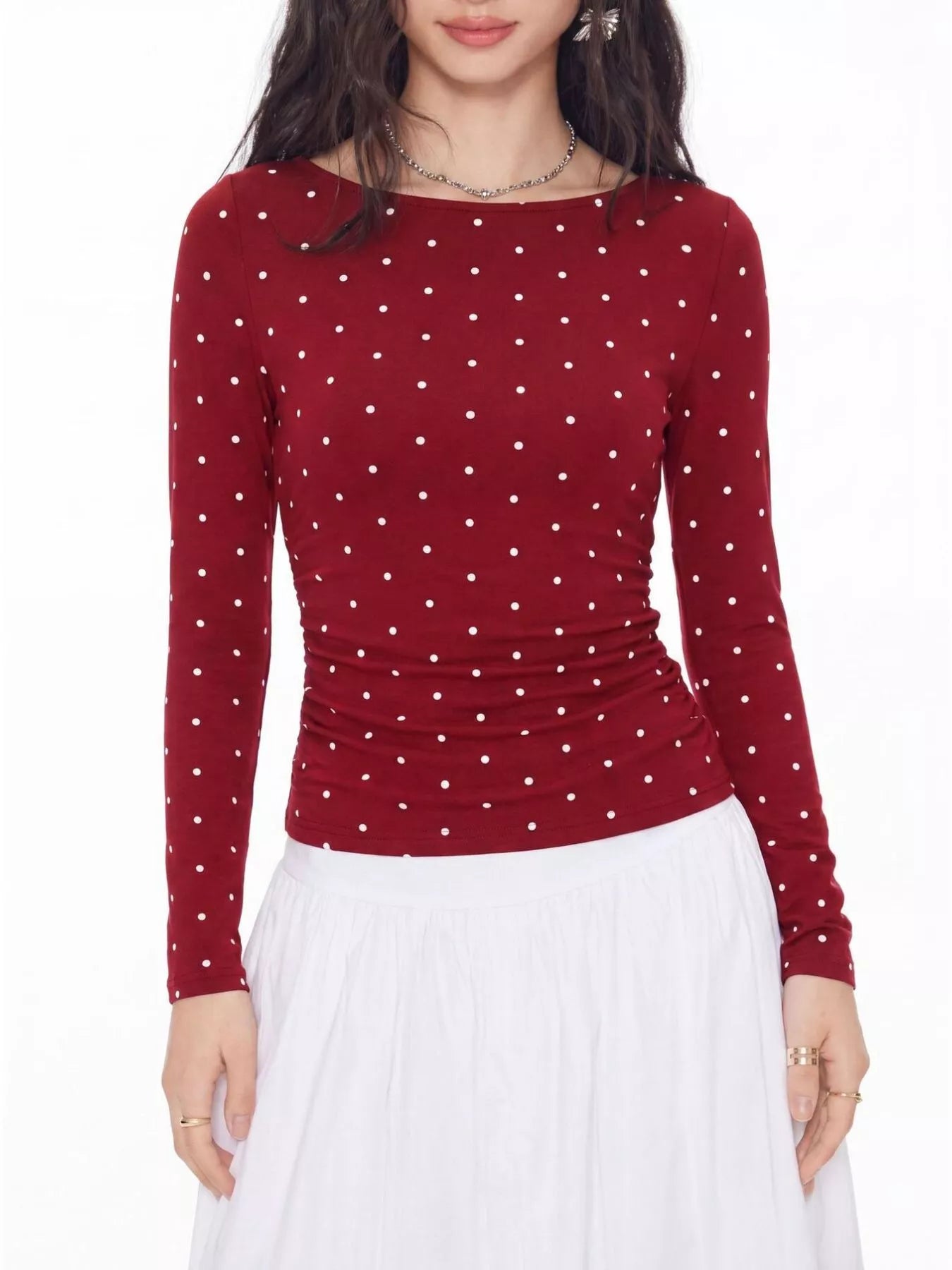 Trendsi Long Sleeve Polka Dot Tie Back T-Shirt -