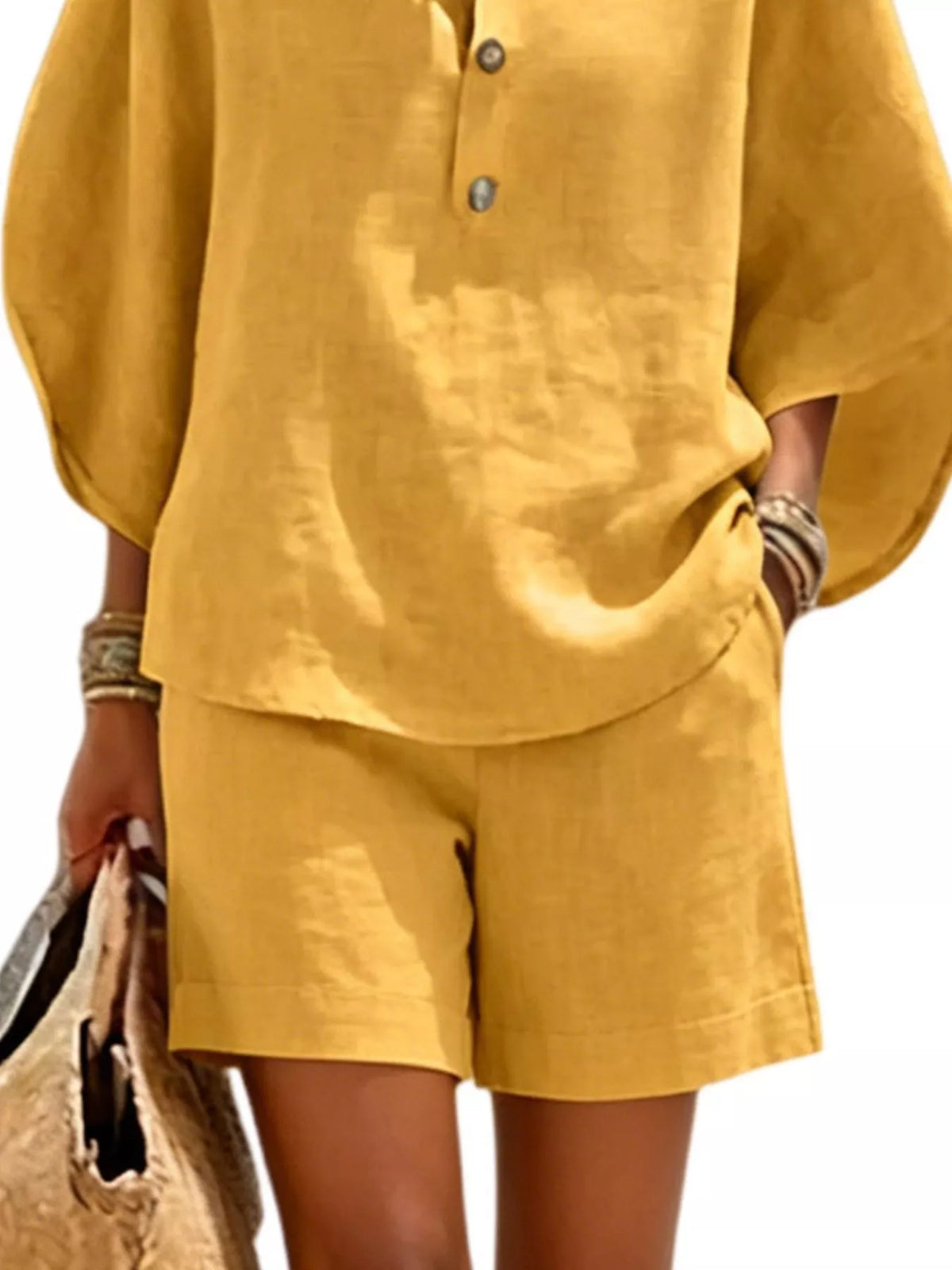 Button Detail Loose Fit Top and Shorts Set in mustard, shorts detail
