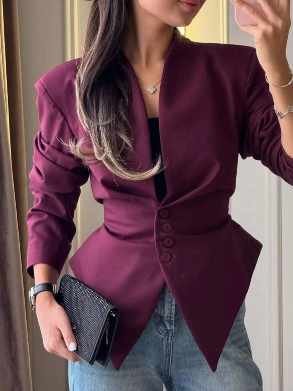 V-neck long sleeve blazer, front view on model