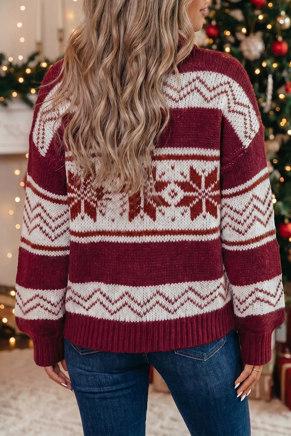 Geometric zip-up knit long sleeve cardigan