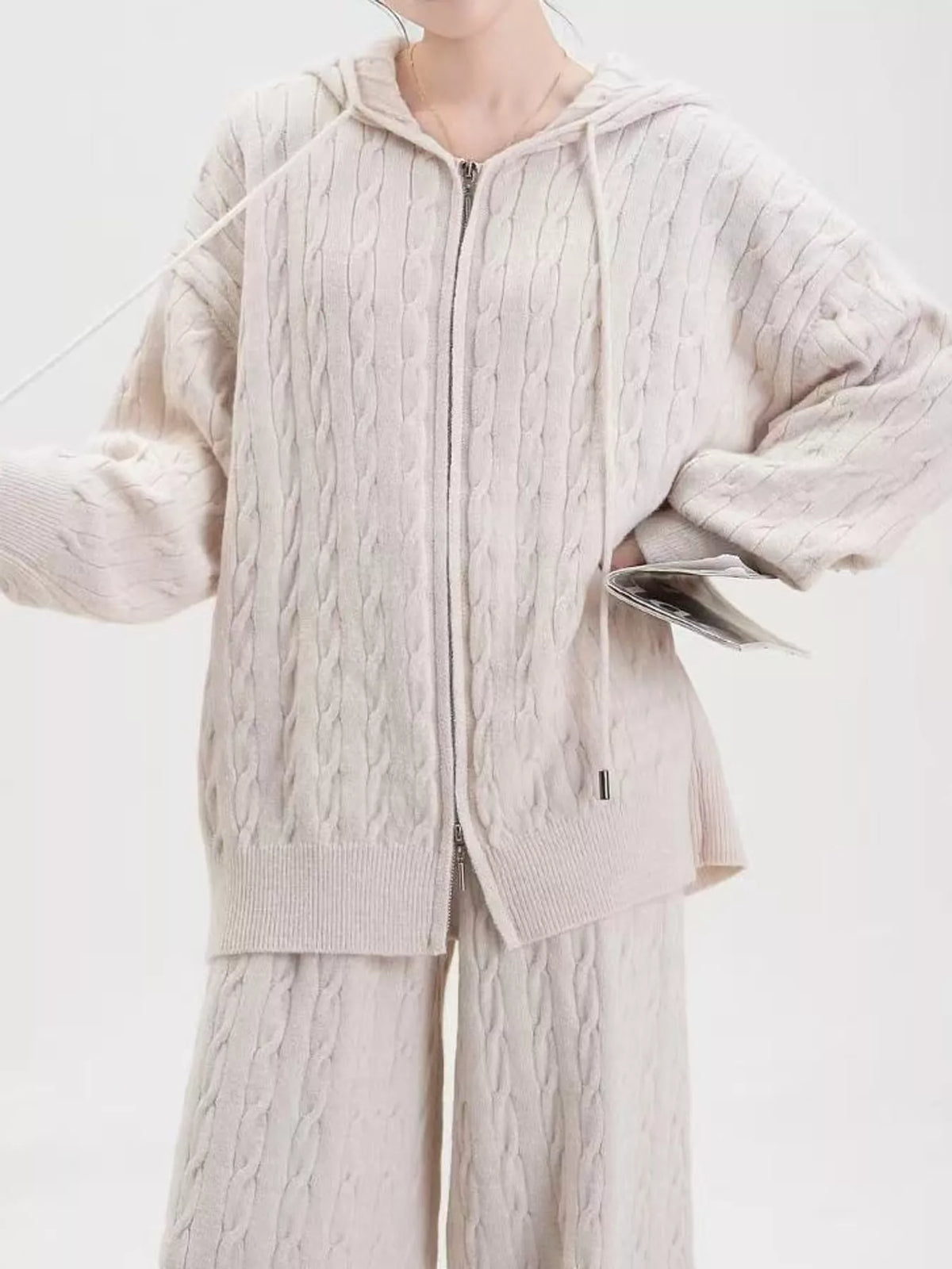 Cable-knit cardigan and pants set, cream knit detail