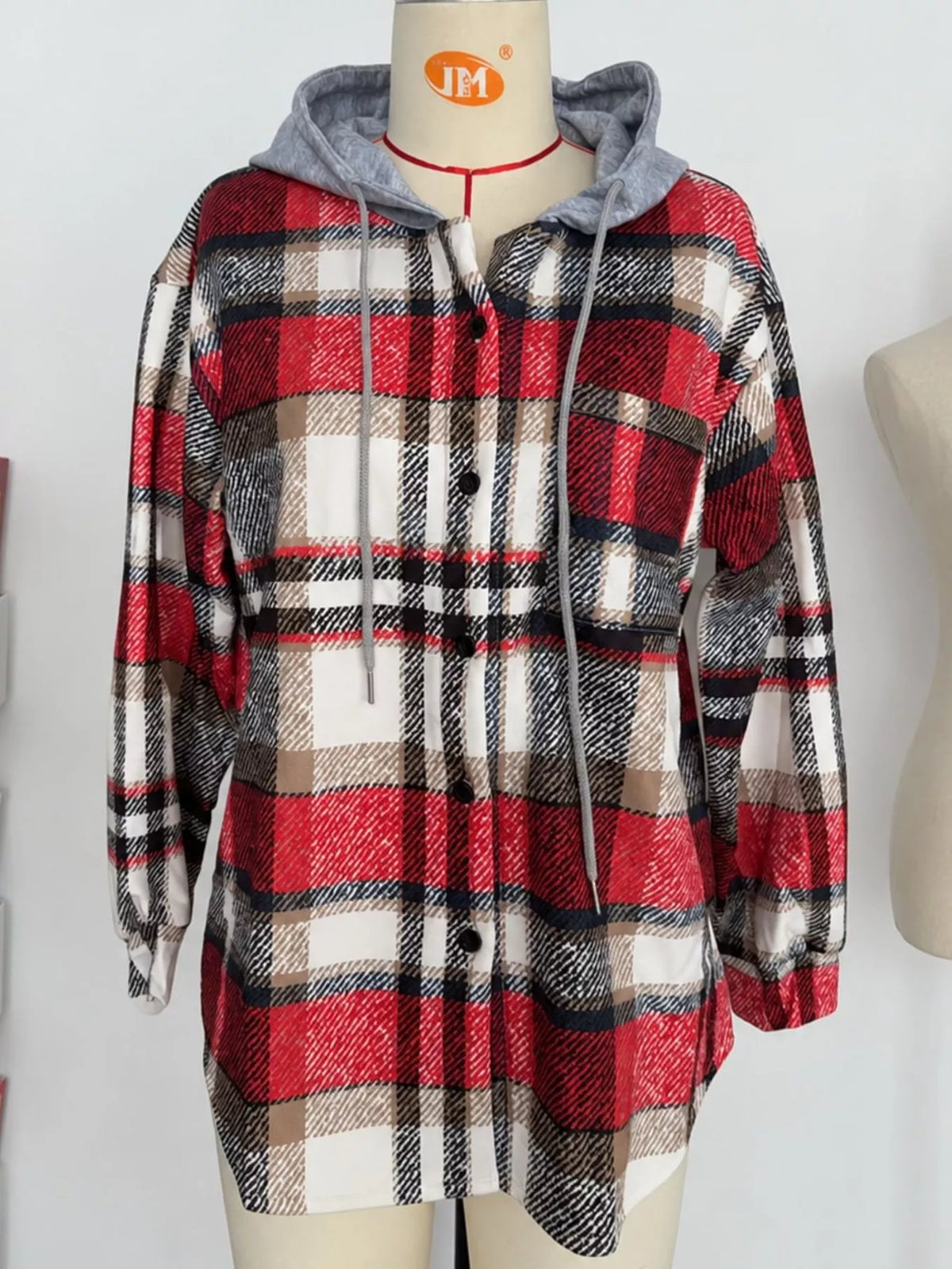 Button-Down Printed Contrast Hooded Shacket — garment front