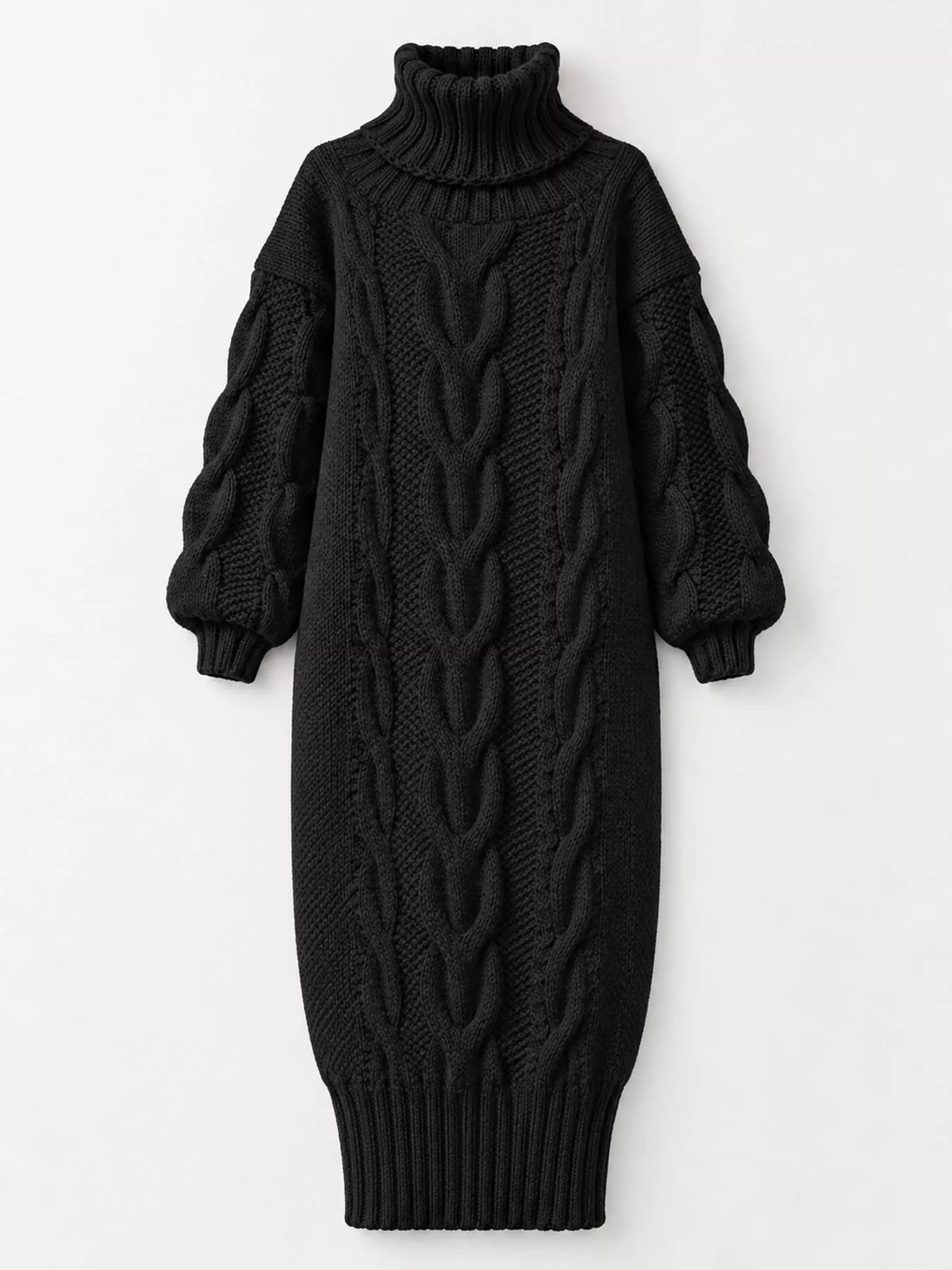 Black oversized cable knit turtleneck sweater dress, back view