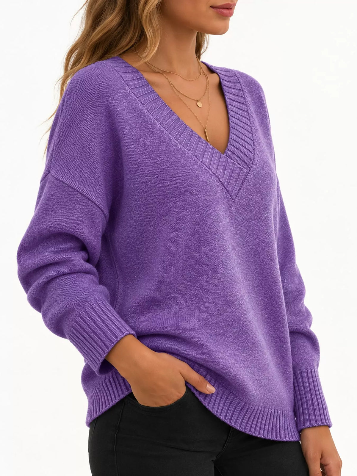 V-neck sweater, purple side