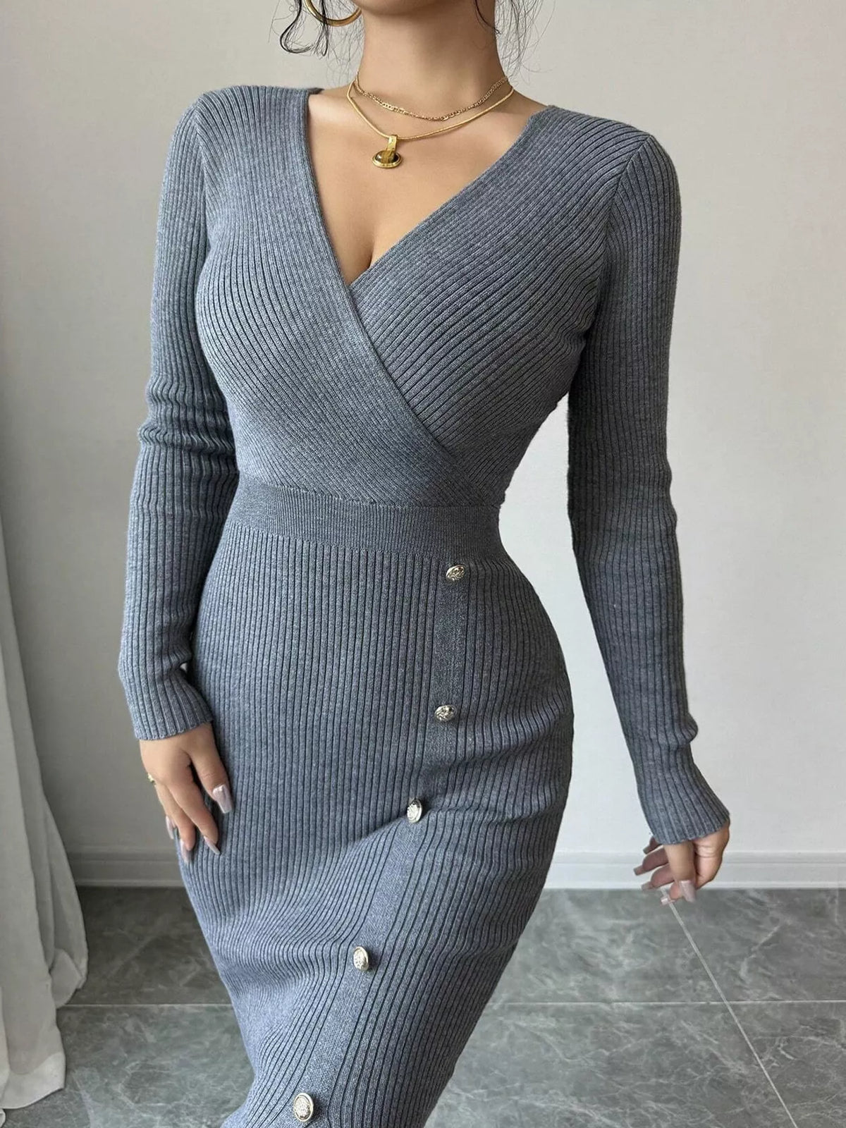 Gray decorative button ribbed knit sweater dress, front view