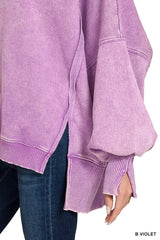 Trendsi Zenana Acid Washed Batwing Sleeve Fleece Sweatshirt -