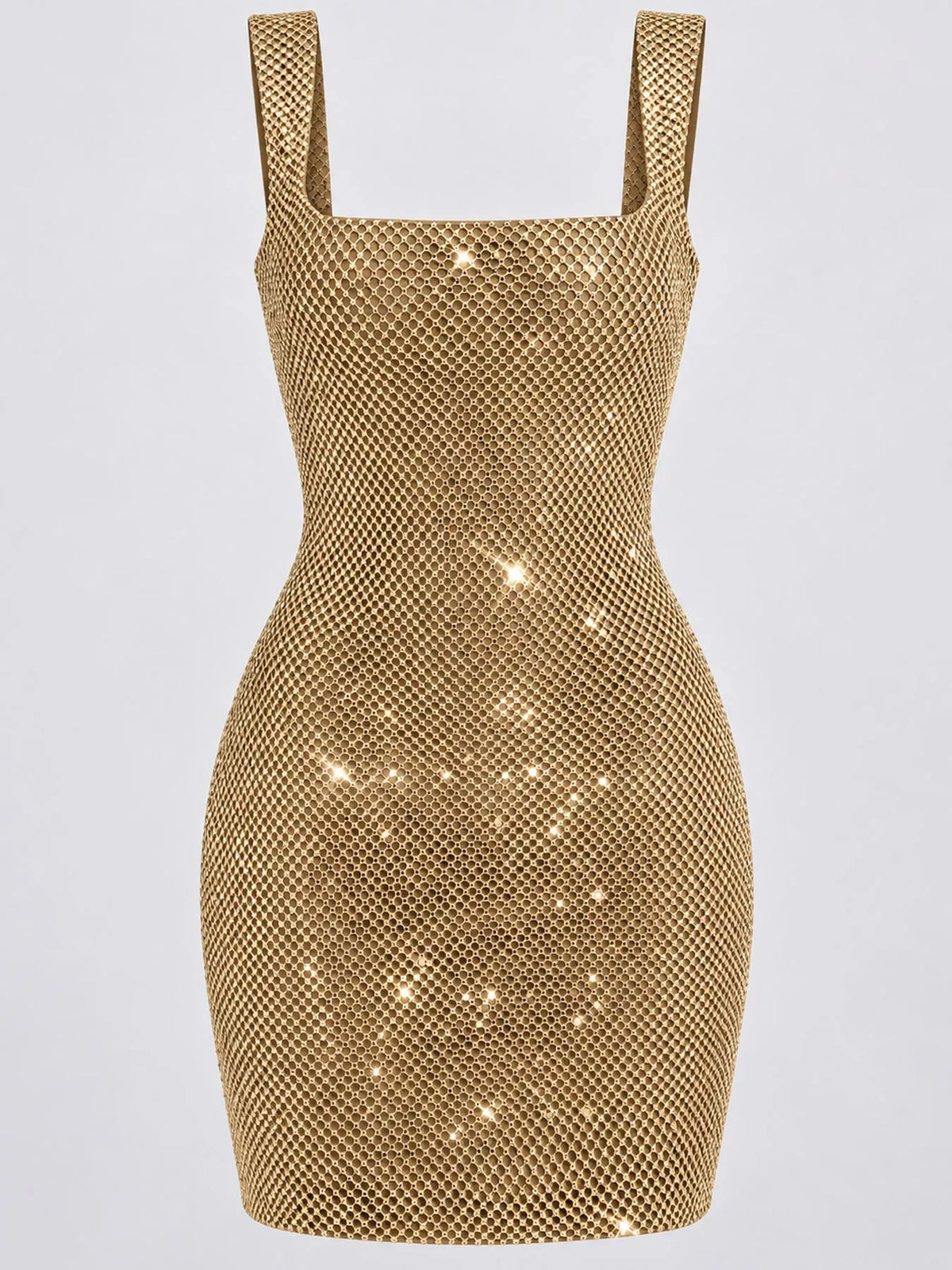 Women's Backless Rhinestone Embellished Bodycon Mini Dress in gold — flat lay view