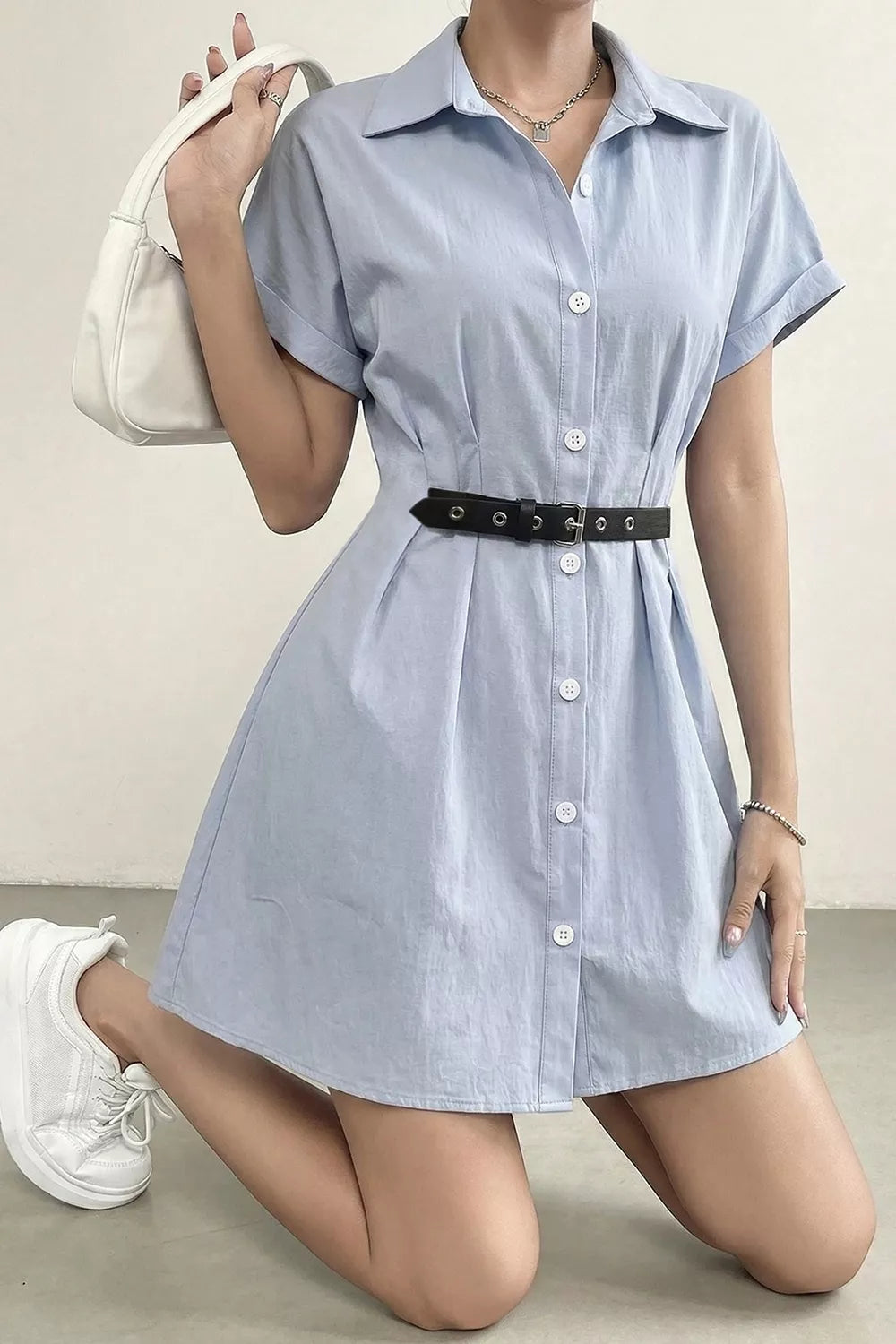 Trendsi Button Up Short Sleeve Shirt Dress -
