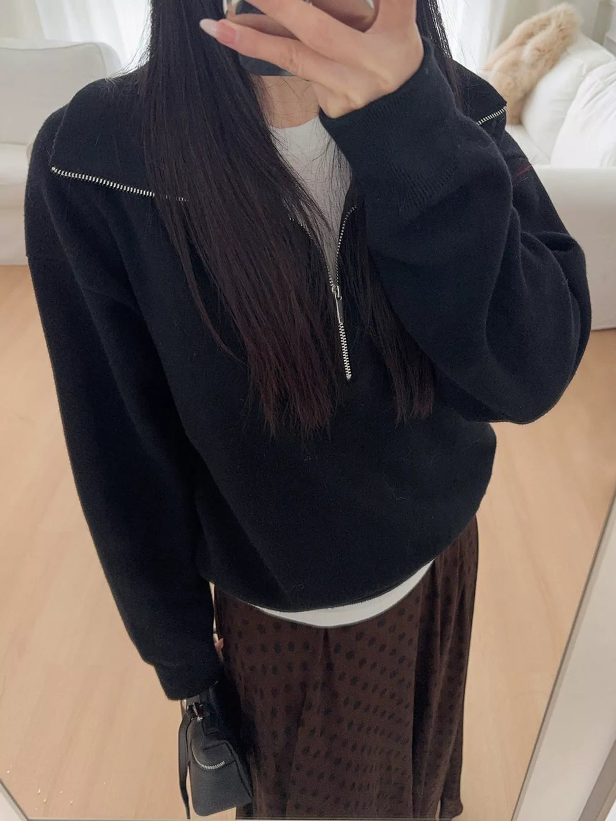 Women's Half-Zip Dropped Shoulder Sweater in black — neckline detail view