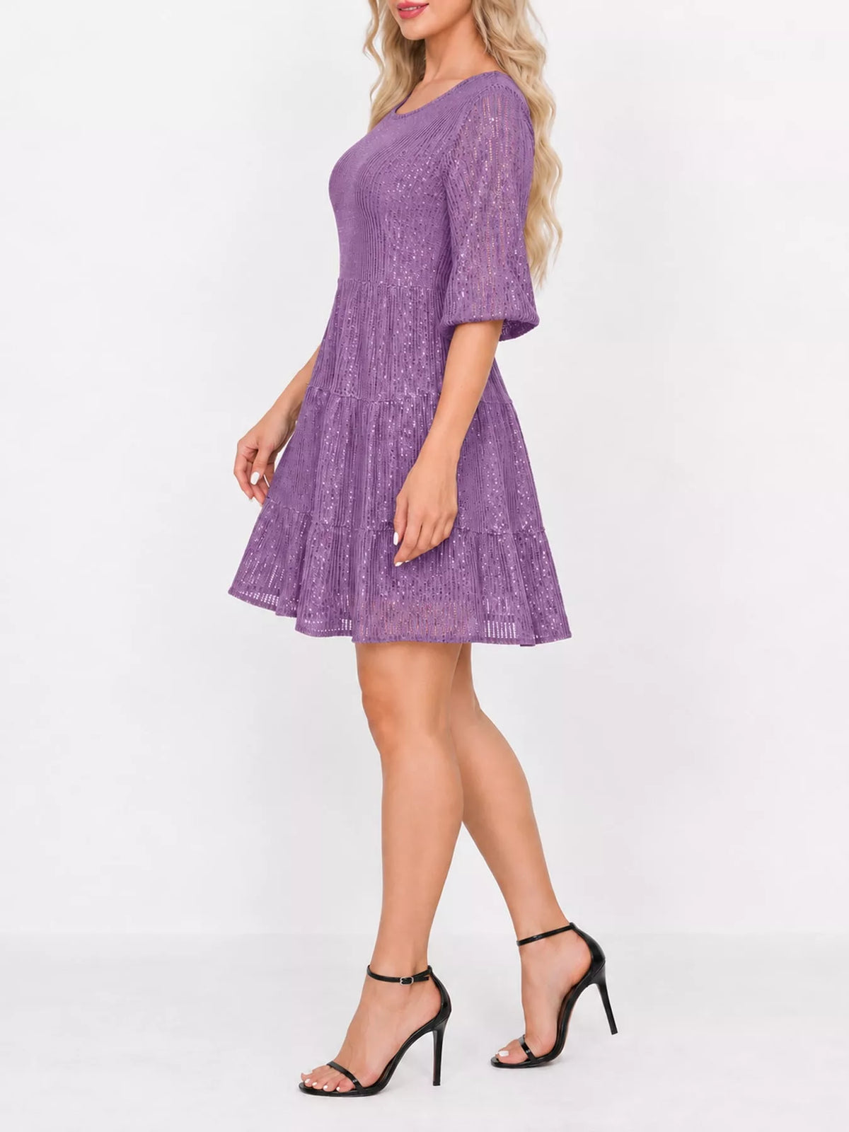 Round neck 3/4 sleeve mini dress, side view