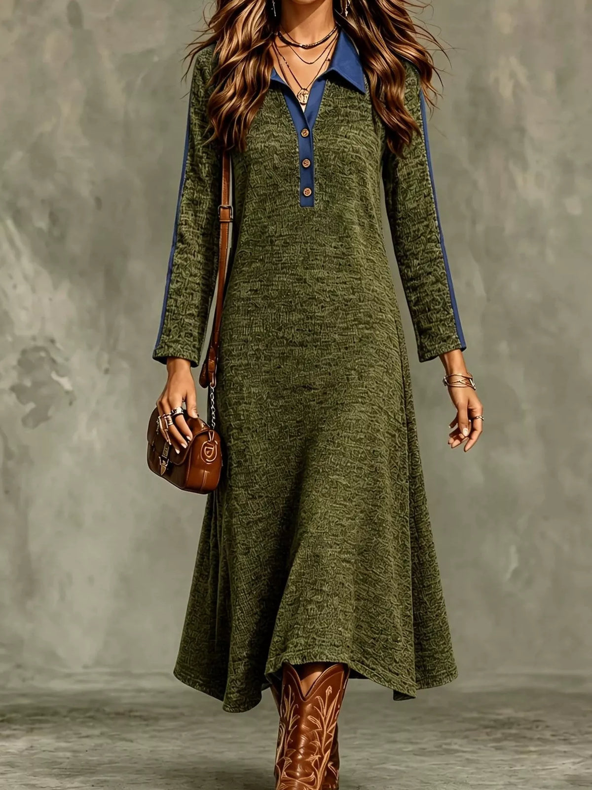 Colorblock Polo Collar Long Sleeve Sweater Dress — front view