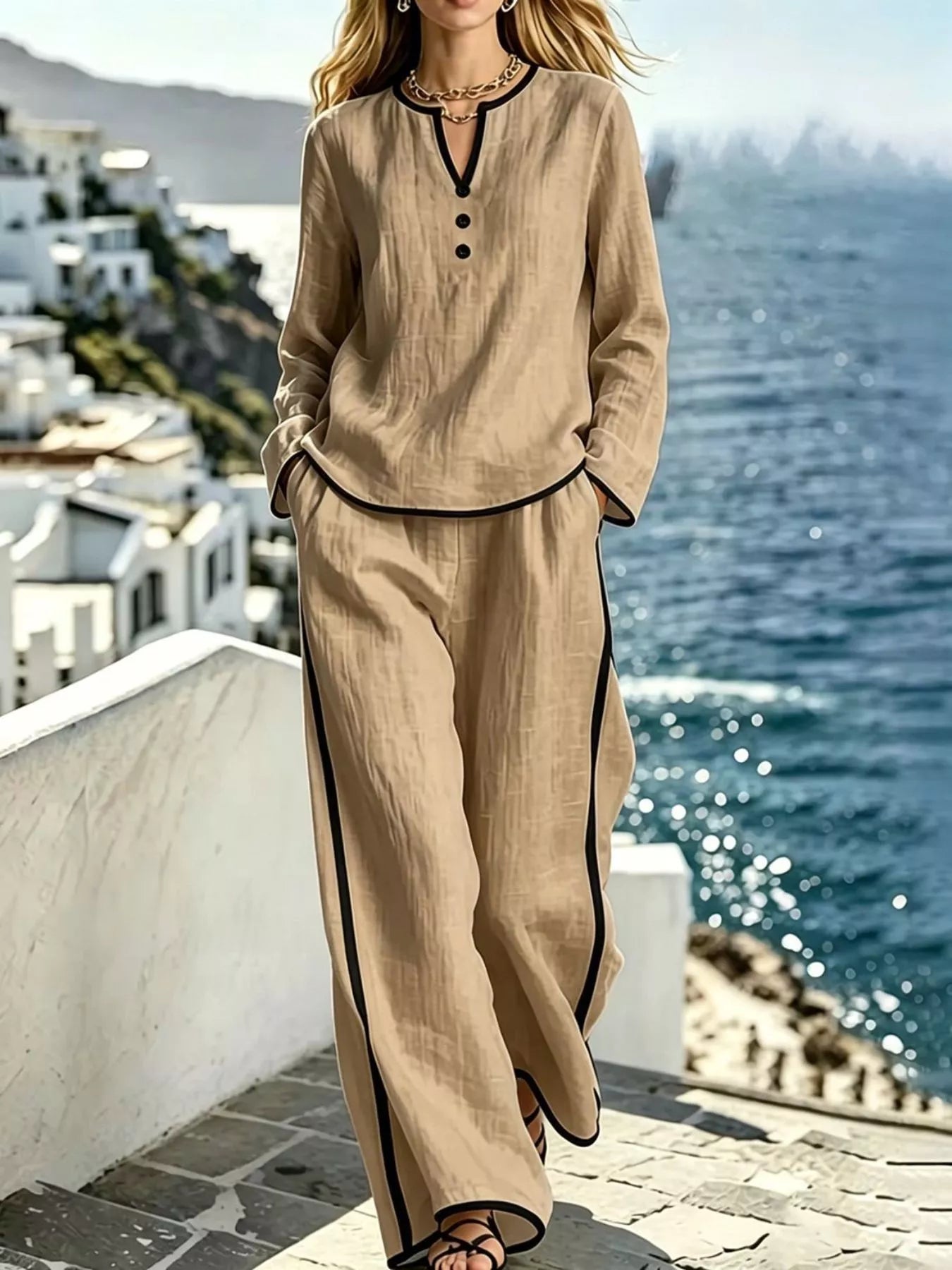 Trendsi Contrast Trim Long Sleeve Top and Pants Set -