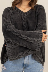 Trendsi HYFVE Cable Knit V-Neck Dropped Shoulder Oversized Sweater -
