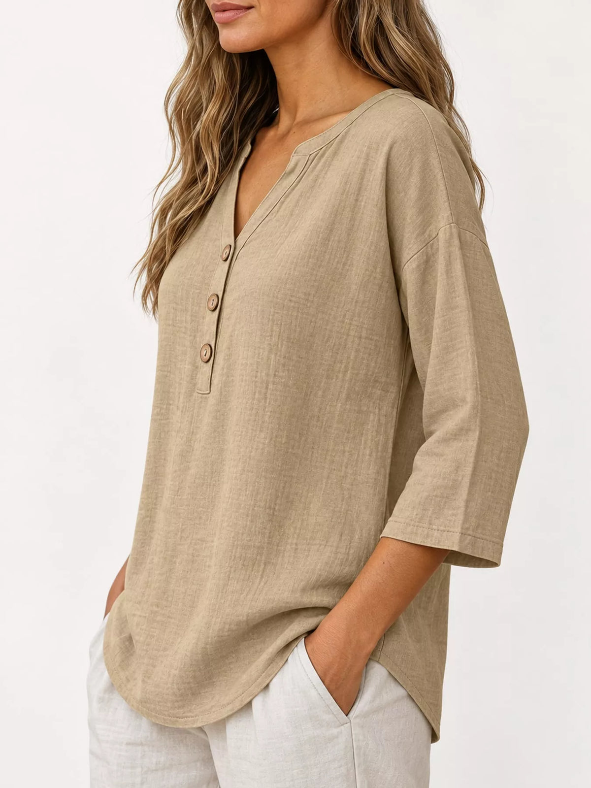 Button Notched 3/4 Sleeve Blouse in khaki, side view