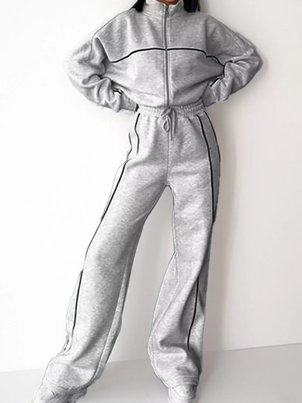 Light Gray zip-up jacket and wide-leg pants set