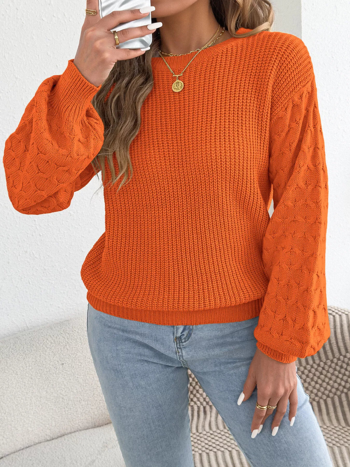 Orange textured dropped shoulder sweater