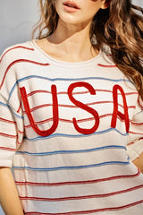 Trendsi SO ME Usa Stripe Knit Short Sleeves Sweater Top -