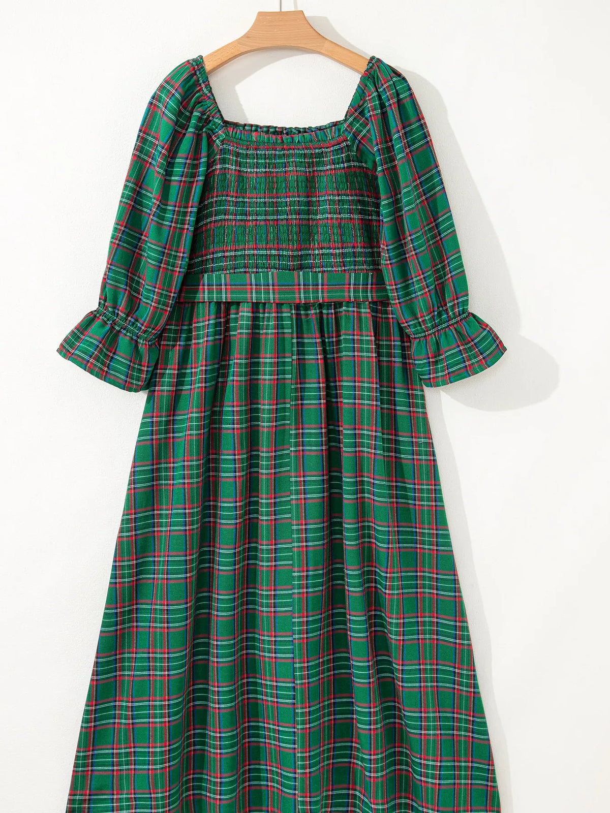 Dark Green plaid square neck puff sleeve tie-waist midi dress