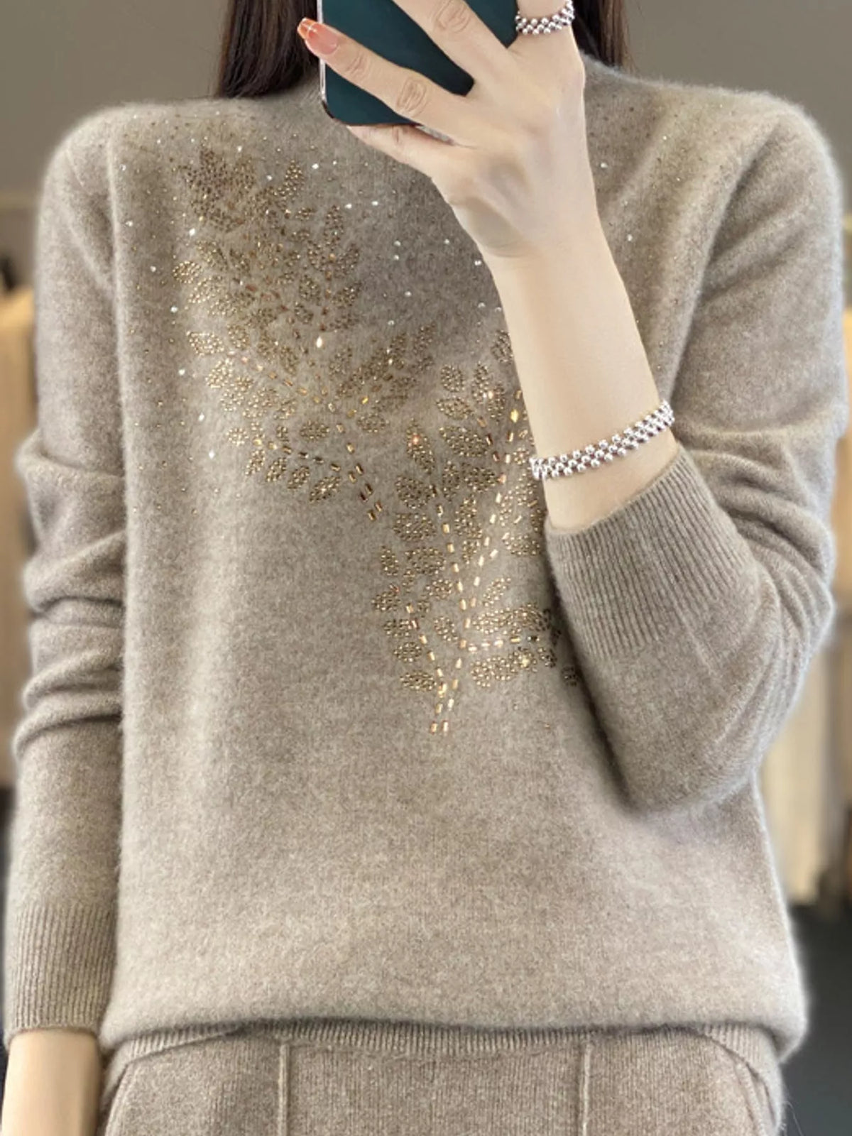 Rhinestone Leaf Mock Neck Sweater — front view