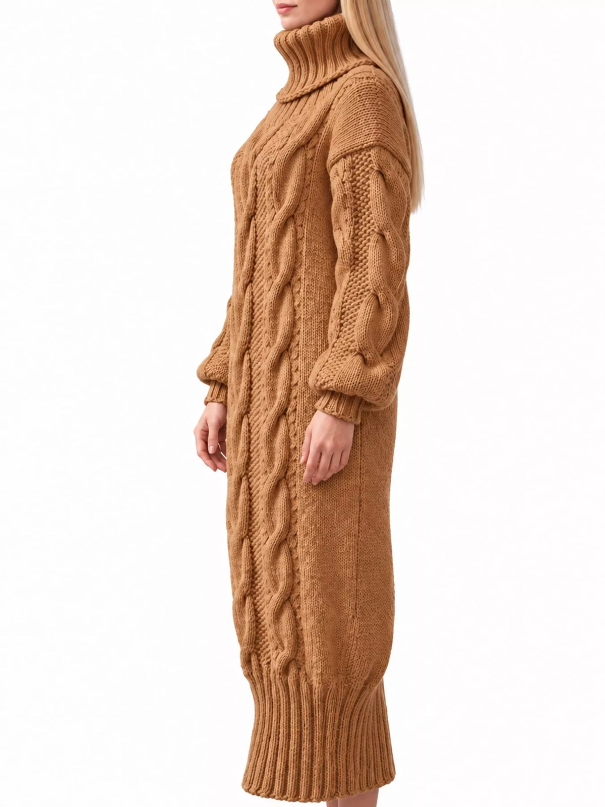 Camel oversized cable knit turtleneck sweater dress