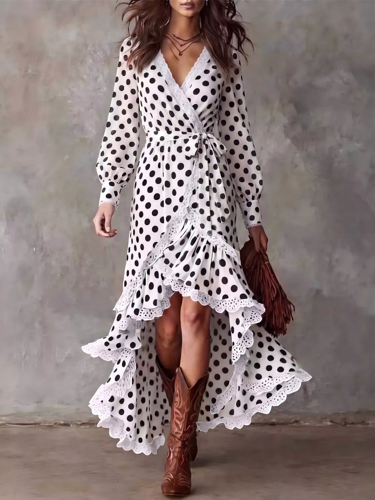 High-Low Hem Surplice Dress in polka dot print