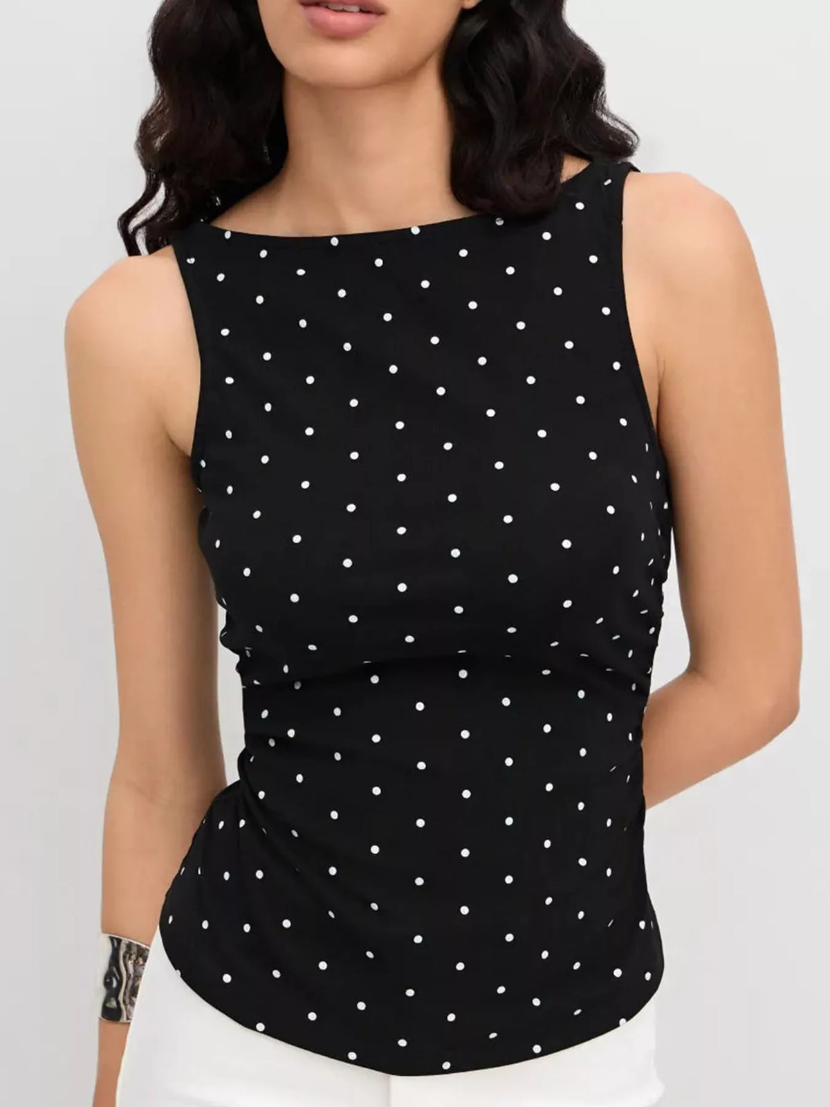 Polka Dot Print Sleeveless Tank Top with Tie Back in black and white
