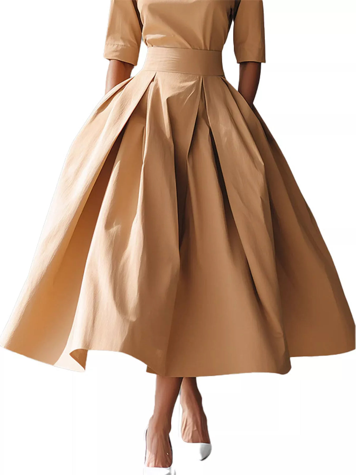 Round neck short sleeve midi dress, front view on model