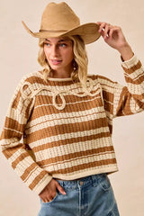 Trendsi BiBi Striped Open Knit Sweater Top with Front Braided Detail -