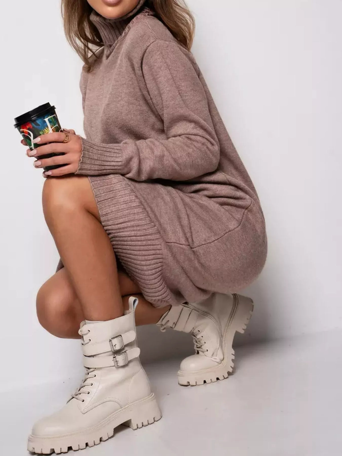 Camel turtleneck sweater dress, side view