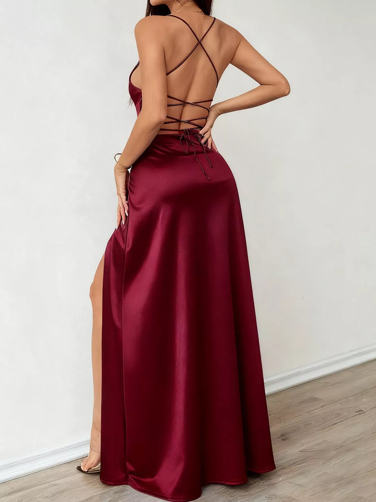 Lace-Up Back Slit Maxi Dress — back view