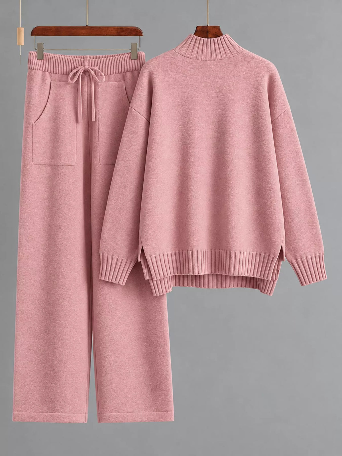 Mock Neck Sweater and Wide-Leg Pants Knit Set — garment front
