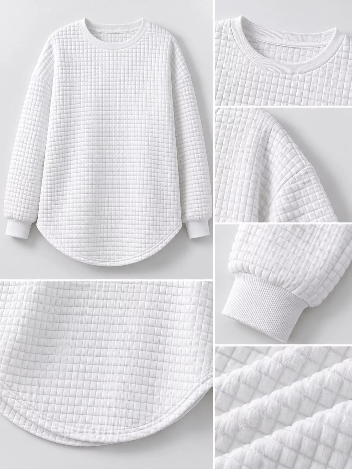 White waffle knit sweatshirt with curved hem, construction detail collage