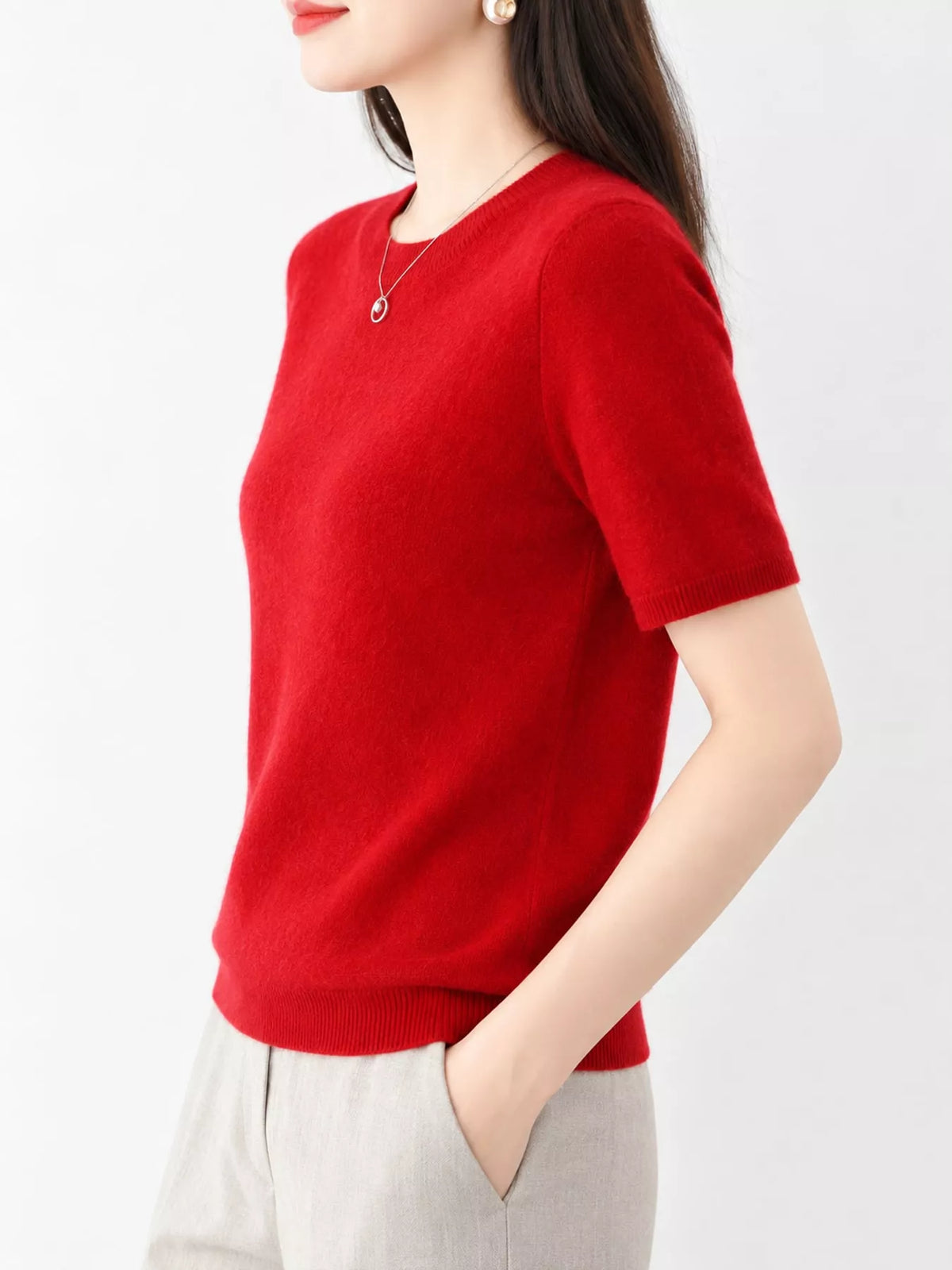 Burgundy round neck short-sleeve sweater