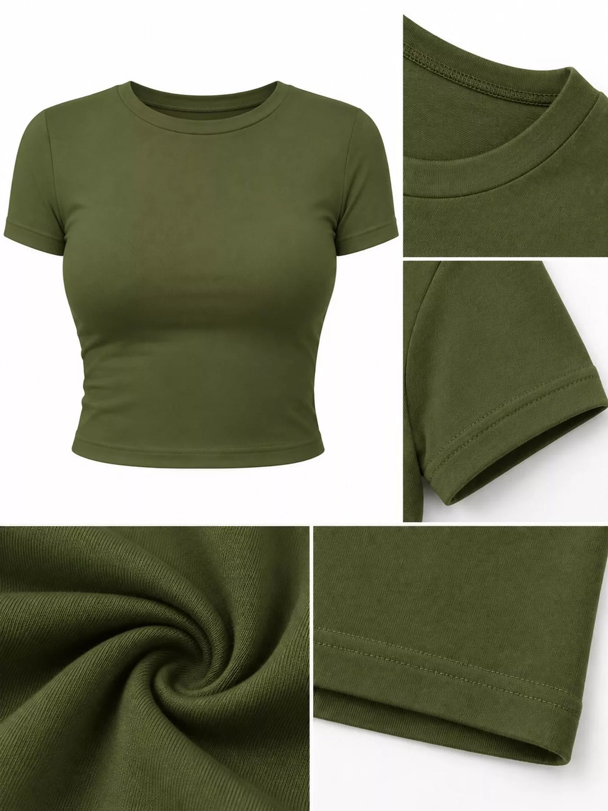 Olive green crew neck crop T-shirt, fabric and neckline detail collage