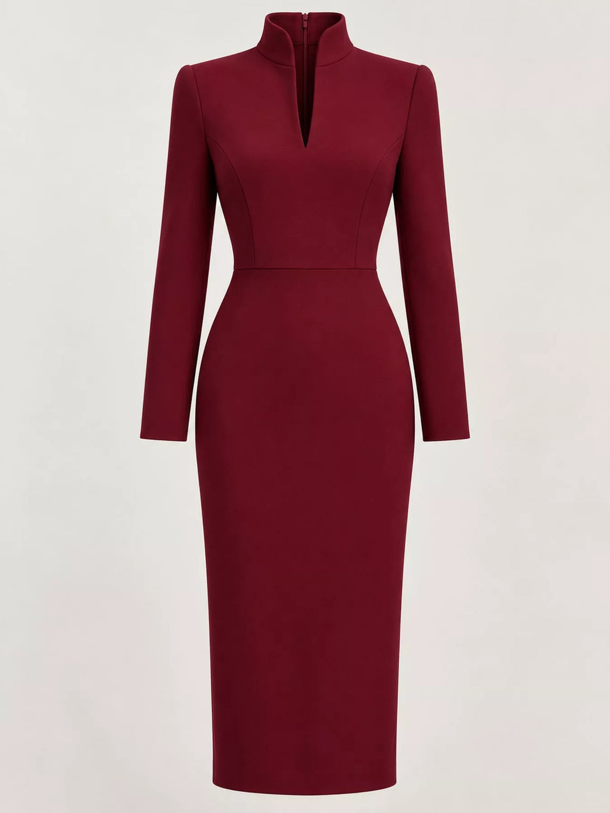 Women's Stand-Collar Long-Sleeve Midi Dress in burgundy — flat lay view