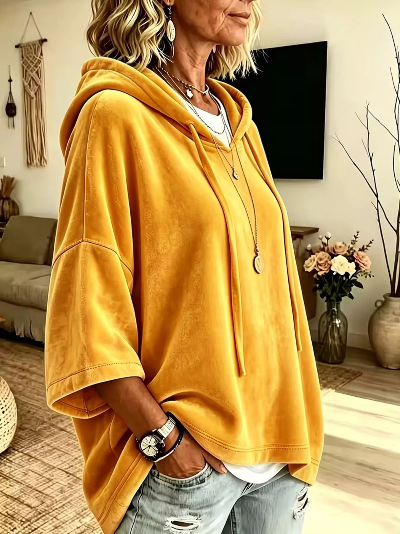 Trendsi Velvet Loose Fit Hoodie with Drawstring -