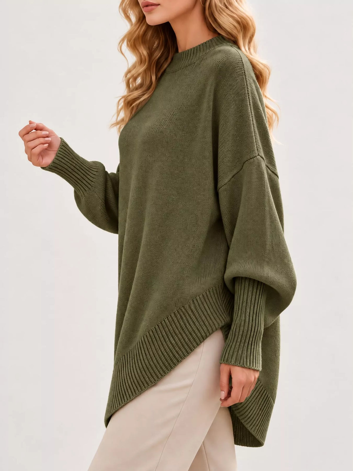 Ribbed Knit Dropped Shoulder Sweater in olive green