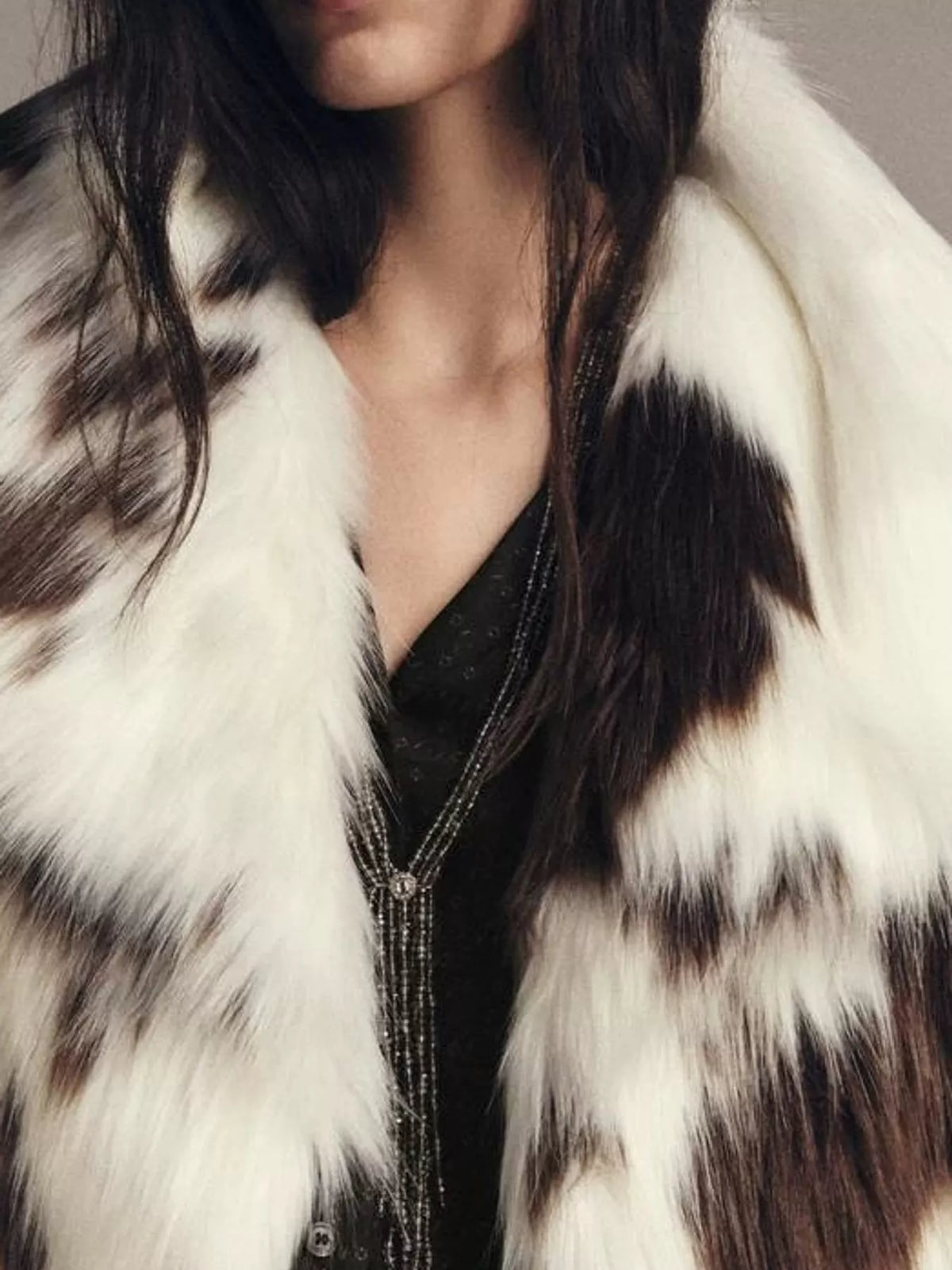 White cow-print faux fur coat