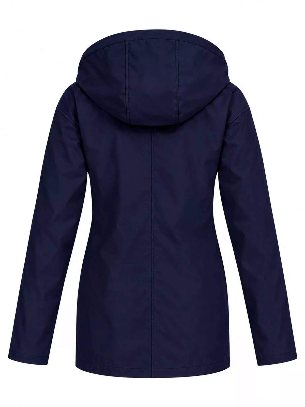 Navy Blue drawstring hooded jacket, back view