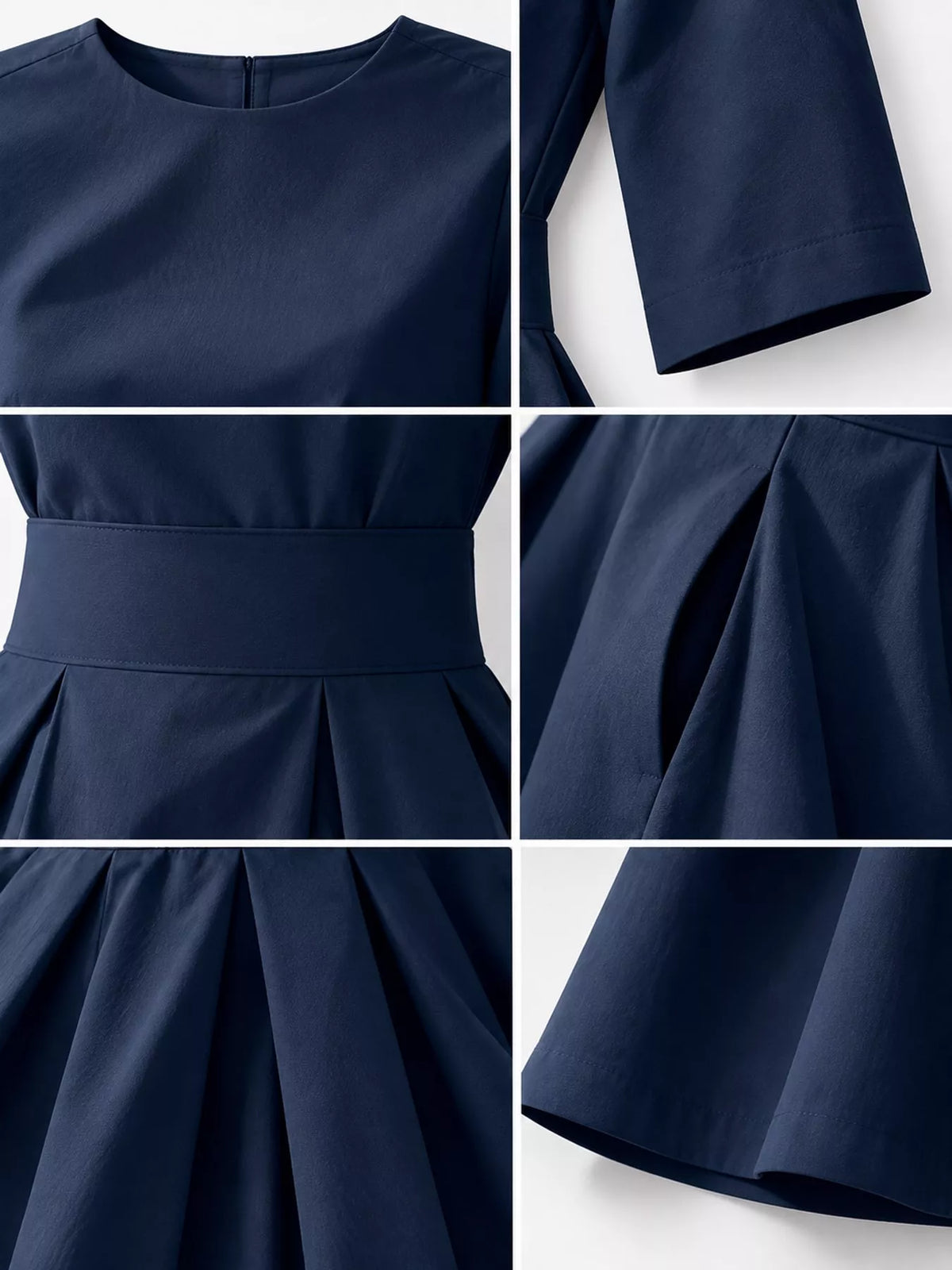 Round neck short sleeve midi dress, construction and design details