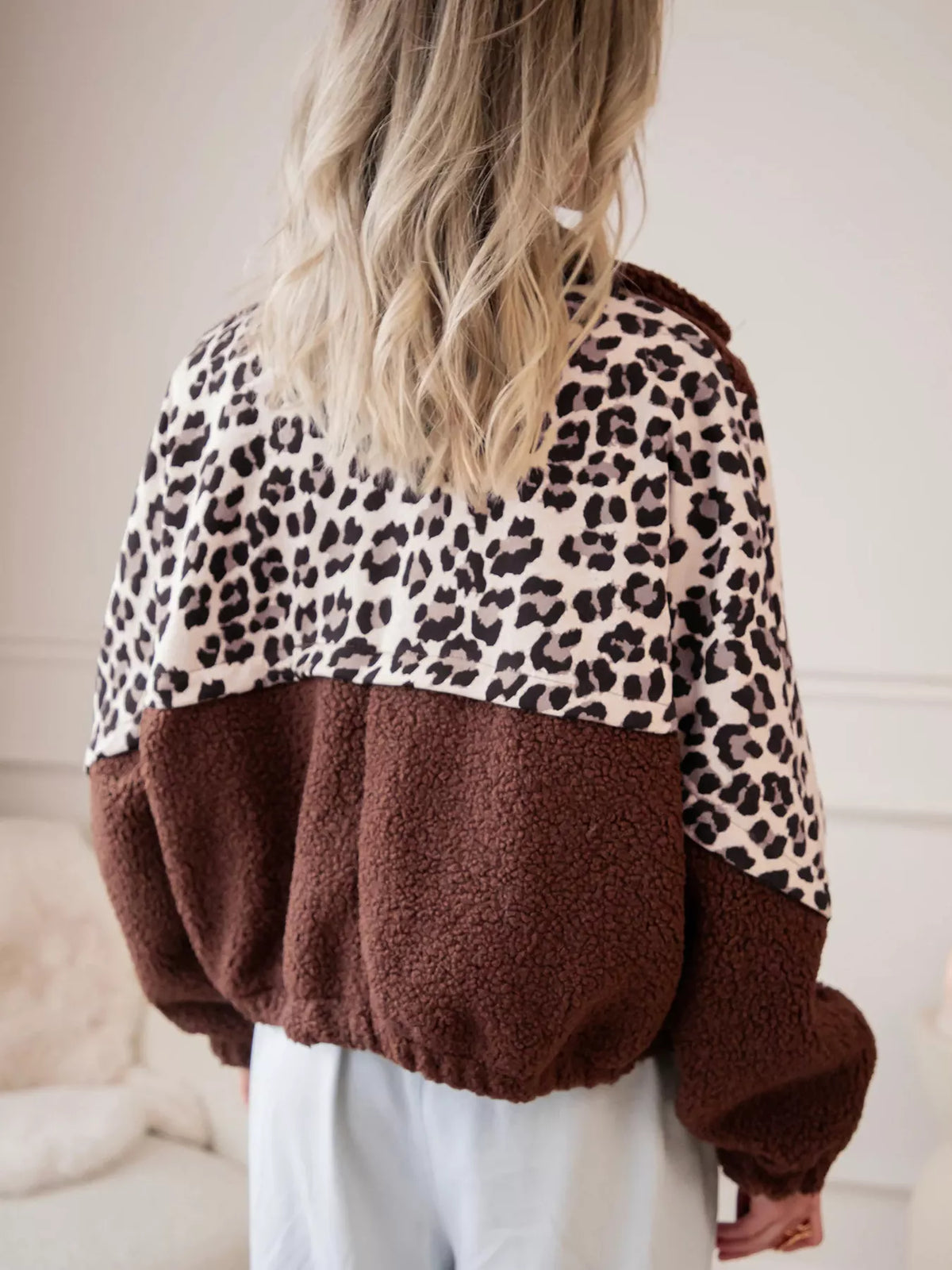 Leopard-patch fleece jacket, brown leopard jacket back