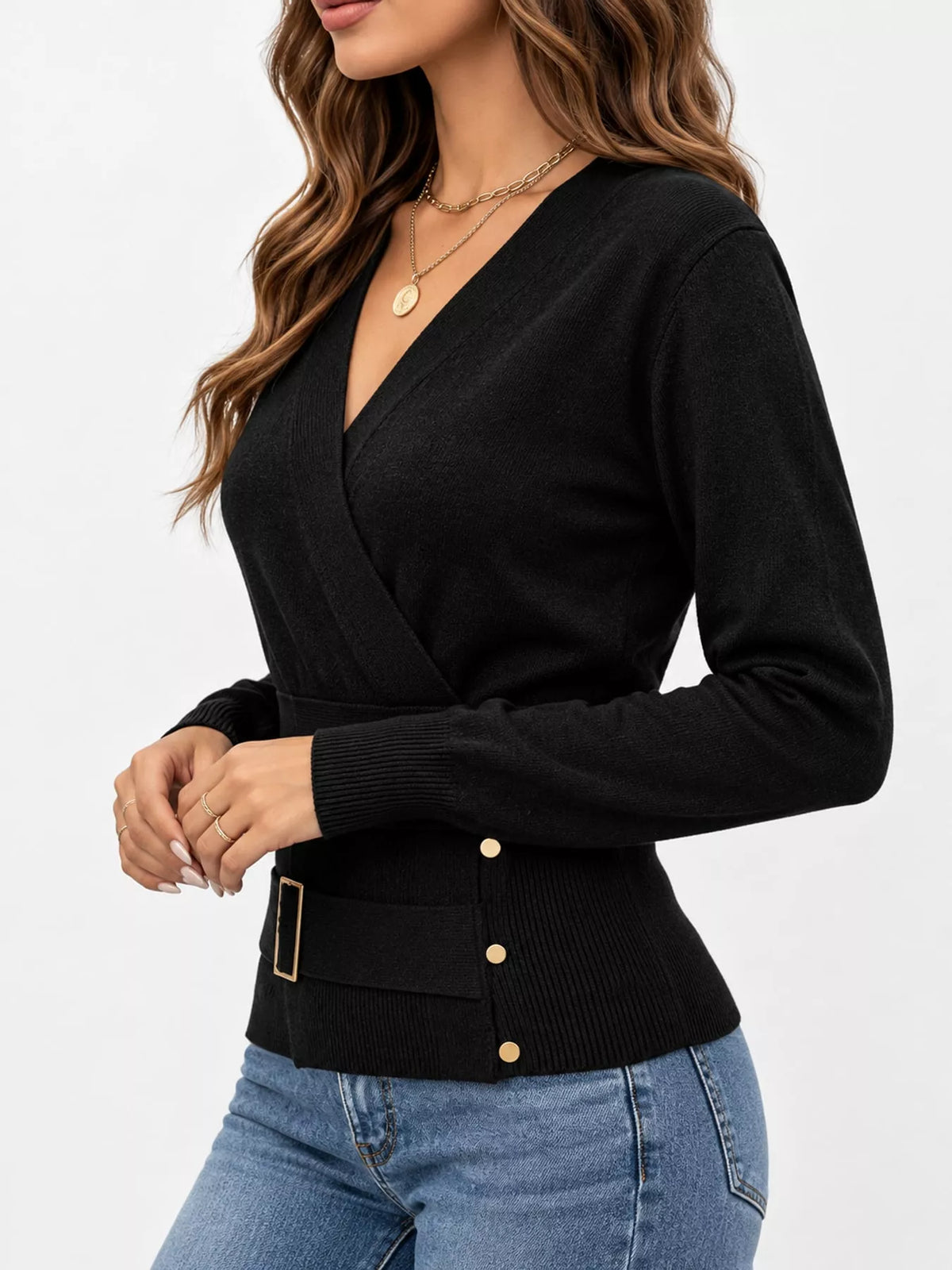Surplice knit top, black side