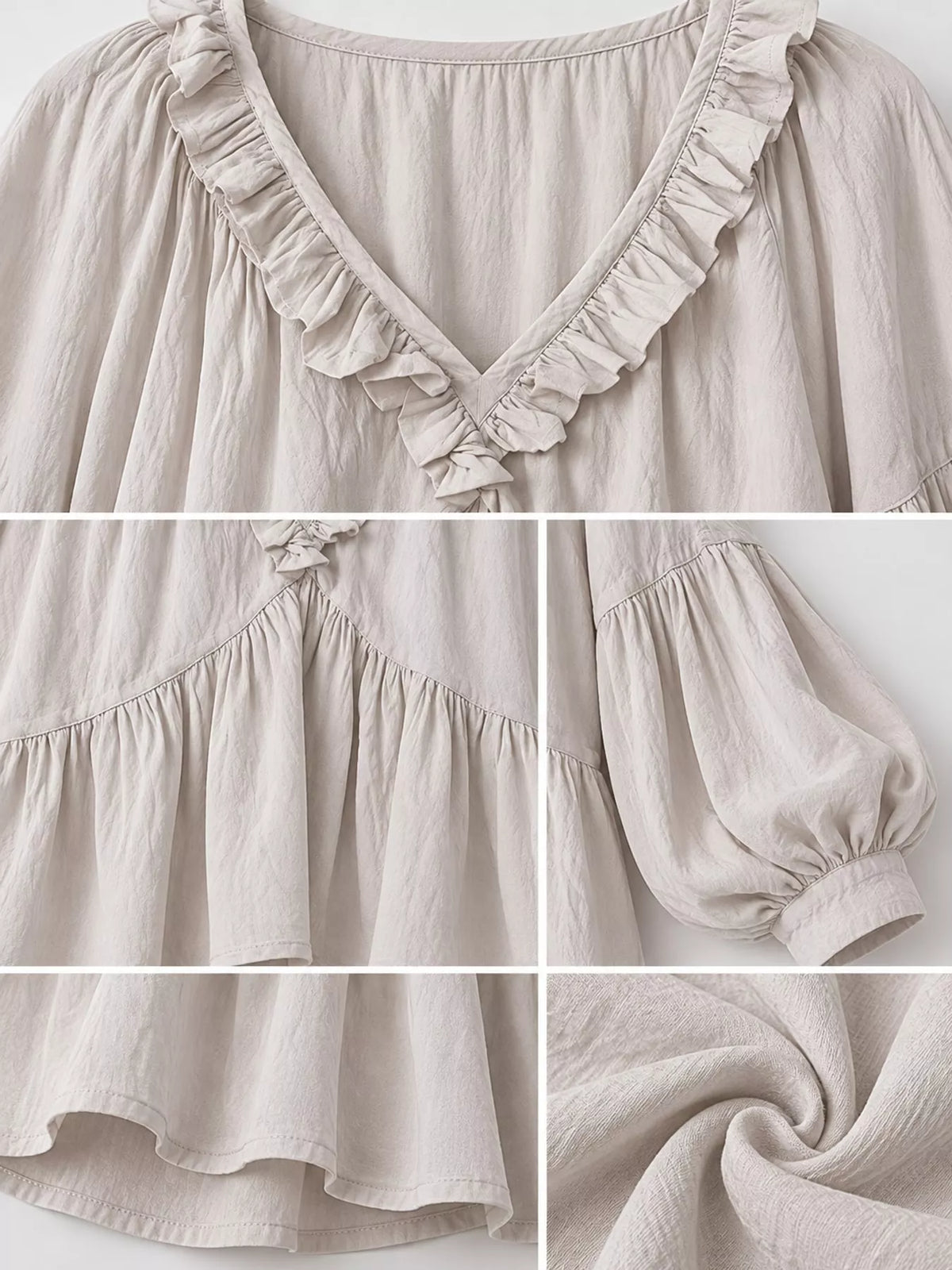 Cream ruffled v neck blouse, detail view
