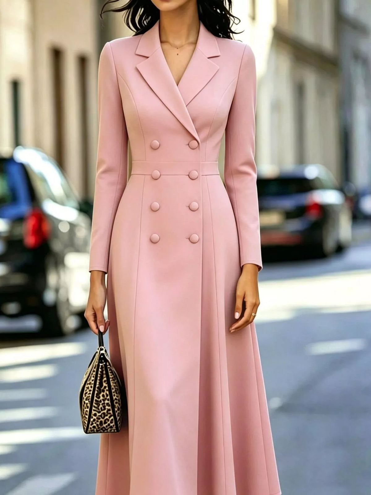 Pink double-breasted lapel collar midi dress — front view