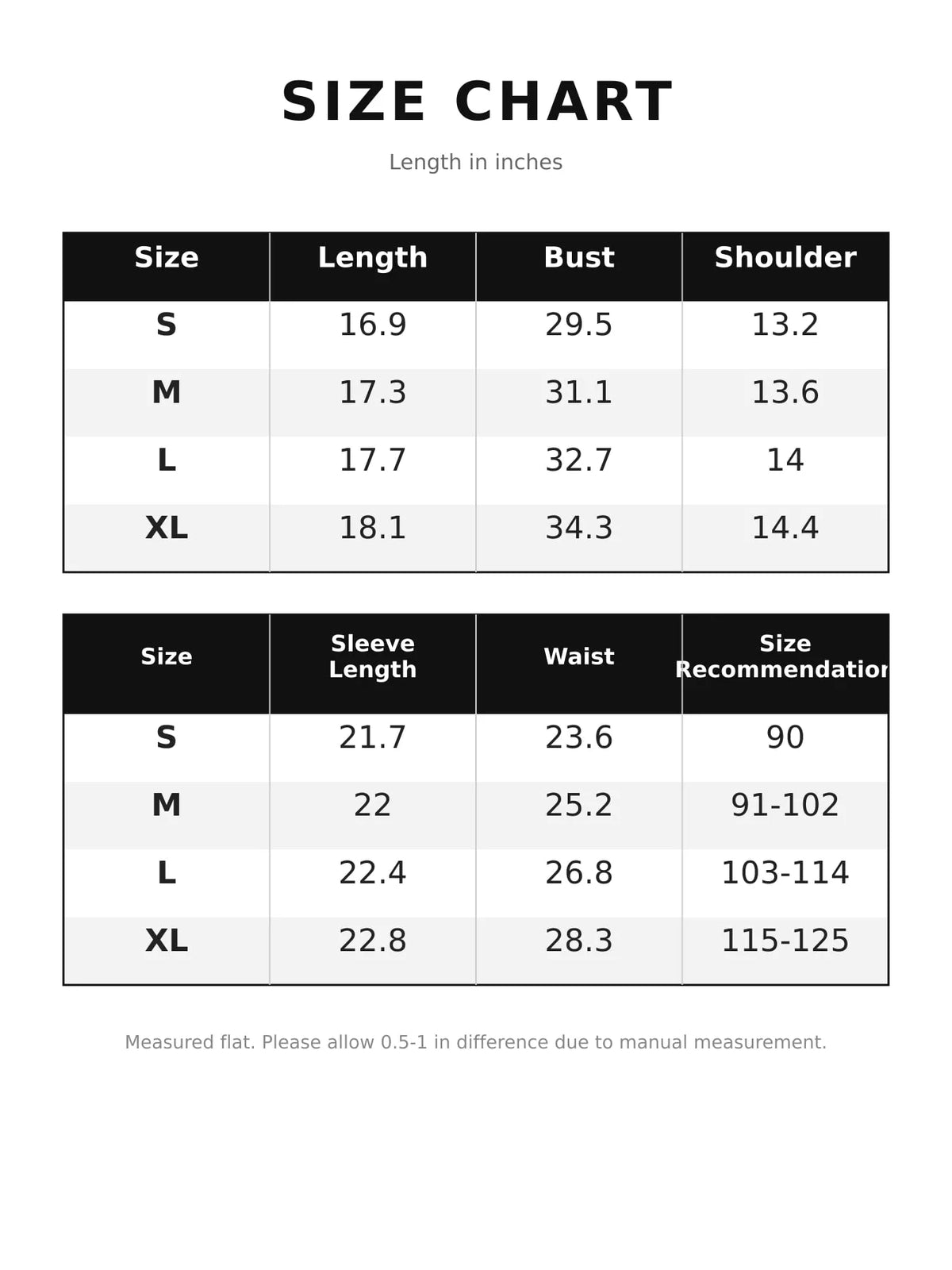 Size chart for u-neck cropped t-shirt