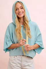 Trendsi BiBi Washed Terry Short Sleeve Drawstring Hoodie Top -